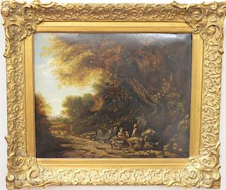 19th century oil on metal, shepherdess heading down the path, unsigned. 16" x 24"