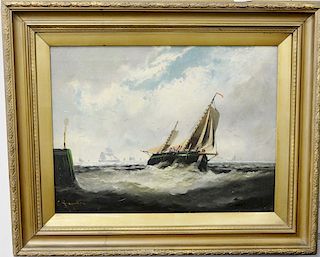 Seascape with skiff heading in, oil on canvas signed indistinctly lower left G.S.? 1886. 15" x 20"