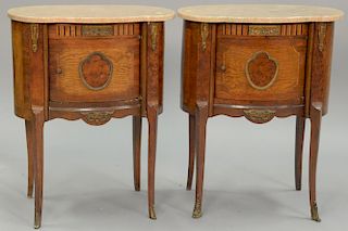 Pair of Louis XV style kidney shaped cabinets with marble tops. ht. 30 in.; wd. 24 in.
