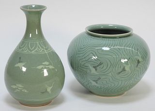 2PC Korean Celadon Crane Vases