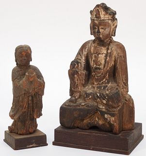 2PC 17C Chinese Ming - Qing Carved Wood Figures