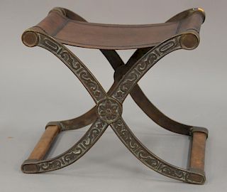 Brass/bronze and leather small bench. ht. 19 in.; wd. 21 in.; dp. 16 in.