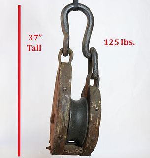 Large Salvaged Block Pulley 37” Tall & 125 Pounds 