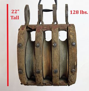 Large Salvaged Triple Block Pulley 22” & 128 Pounds 