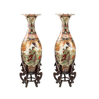 Pair Large Japanese Imari Painted Temple Vases W Stands