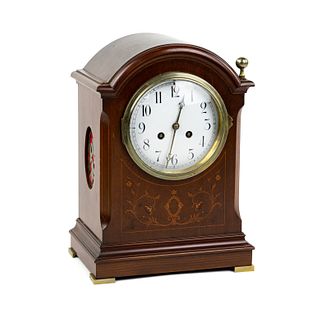 French H&H Inlaid Wood and Brass Mantel Clock