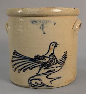 Whites Utica four gallon stoneware crock with cobalt blue bird and two handles (crack).  ht. 11 1/2 in.