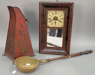 Three piece lot including coal hod, bed warmer, and ogee clock. ht. 26 in.