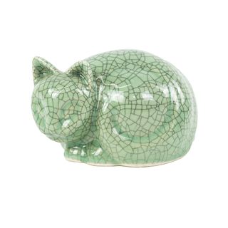 Vintage Green Ceramic Crackle Cat Figure