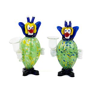 (2) Pair of Italian Murano Glass Clown Candle Holders