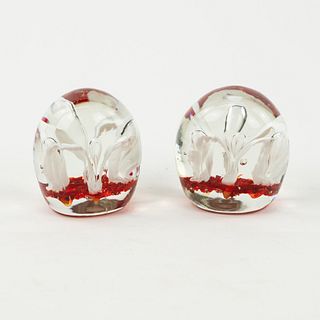 (2) Pair of Red Floral Glass Bookends / Paperweights