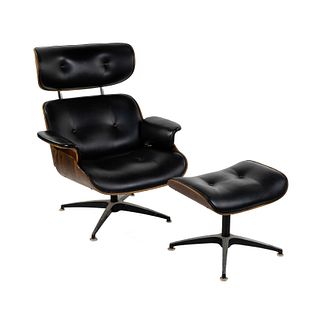 Eames Style Plycraft Black Leather Chair and Ottoman