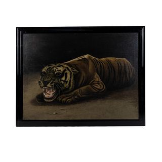 Antique Growling Tiger O/C Painting