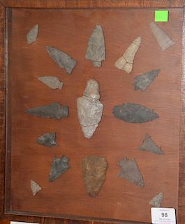 American Indian spear and arrowheads, 16 pieces in case.