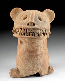 Maya Pottery Jaguar Urn Lid w/ Bared Teeth