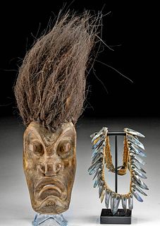 20th C. Maori Paua Necklace + Hawaiian Wood Tiki Mask