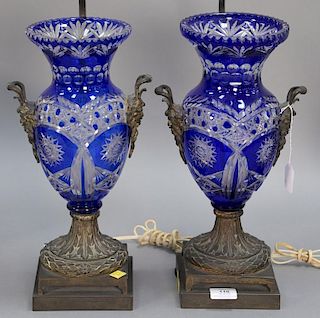 Pair of cobalt cut to clear vases mounted with bronze mask handles on bronze bases made into table lamps (one as is). total ht. 30 1...