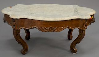 Victorian marble top table, turtle shaped, cut down to coffee table. ht. 15 in.; top: 25" x 34"