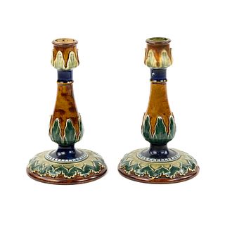 (2) Pair of Royal Doulton Lambeth Pottery Candle Holders