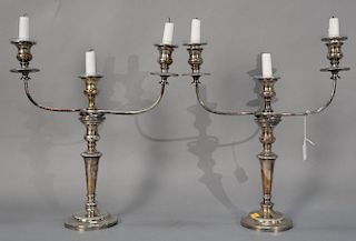 Pair of Sheffield plate, two branch candelabras, 19th century.  ht. 17 1/2 in.; wd. 16 in.  Provenance:  The Estate of Natal...