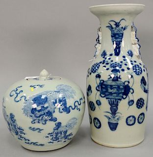 Two Chinese celadon and blue pieces including 19th century ginger jar with painted foo dogs (ht. 9 in.; dia. 9 in.) and balluster fo...
