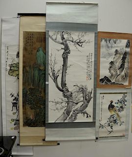 Group of five Chinese watercolors on paper including blossoming apple tree scroll, mountainous landscape with scholars scroll, scrol...