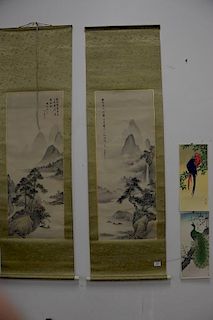 Two Oriental scrolls, watercolor landscape on silk. 34" x 13" image size