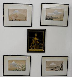 Group of five framed pieces to include four watercolor on silk landscapes and a portrait of a woman under glass. 8" x 12 1/2" to 14"...
