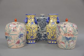 Five piece lot including Chinese bottle, two vases, and two covered jars. heights: 1 pair 12 in.; 1 pair 16 in.; single 15 in.