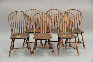 Assembled set of six bow back Windsor side chairs, 18th century.