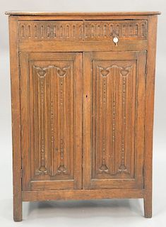 Oak Jacobean style cabinet with two drawers over two doors with three fitted interior drawers, early 20th century. ht. 59 in.; wd. 4...