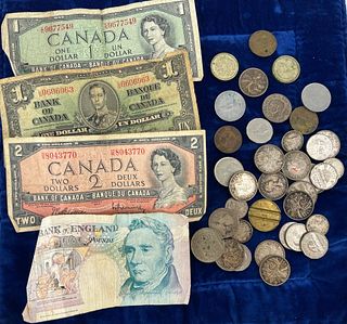 Lot of Foreign Coins and Currency, mostly Canadian.