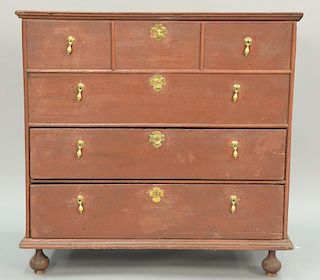 William and Mary blanket chest having lift top and two drawers on replaced ball feet in red finish. ht. 36 in.; wd. 36 3/4 in.; dp. ...