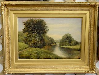 19th century oil on canvas landscape with stream initialed indistinctly lower right, relined. 12" x 18"