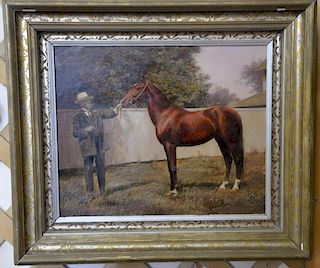 E. Leone Sears? oil on board "Woodburn Grange" and his horse signed lower left E. Leone Sears? 1914, 12 1/2" x 15".