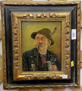 Pair of paintings by Hans Barttenbach (1908) including portrait of an old woman and an old man with a pile, signed H. Barrenbach, 7"...