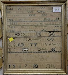 Sampler, Frances Martha Page Aldborough 1836. 12 1/2" x 11"