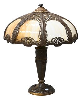 Eight Panel Slag Glass Lamp, height 24 inches, shade diameter 20 inches. 