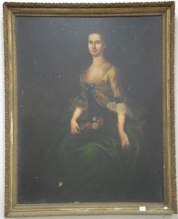19th century oil on canvas 3/4 length portrait of a woman, unsigned, 50" x 40".