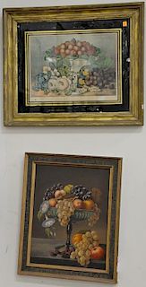 Two piece lot to include Currier & Ives "Fruit and Flower Piece" and  oil on canvas still life of fruit, 17" x 13".