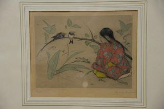 Two Elyse Ashe Lord (1900-1971) pencil signed colored etchings including one of a girl with two birds 34/75 (sight size 7" x 9") and...