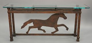 Iron base table with horse, having glass top. ht. 28 in., top 11 in. x 56 in.