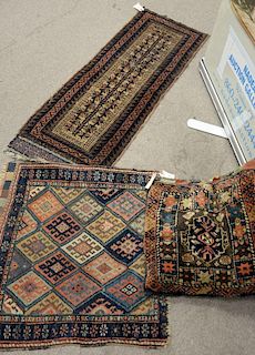 Three piece rug lot including Belouch (1'5" x 3'9"), bagface (2'2" x 2'3"), and pillow (1'7" x 1'8").