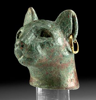 Egyptian Bronze Cat Head w/ Gold Earring