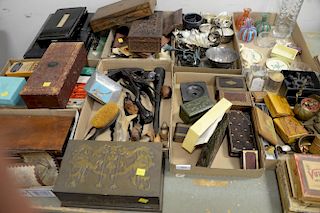 Eight tray lots of silverplate, photo dry plates, curios etc.