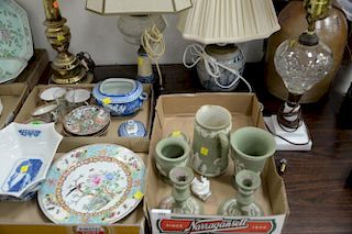 Five table lamps and three box lots to include Wedgwood and Rose Famille.