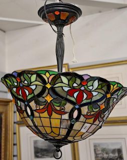Tiffany style leaded glass hanging light. ht. 22 1/2 in.; dia. 19 3/4 in.