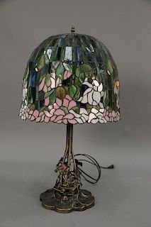 Tiffany style leaded glass lily table lamp. ht. 30 in.; dia. of shade 16 1/2 in.