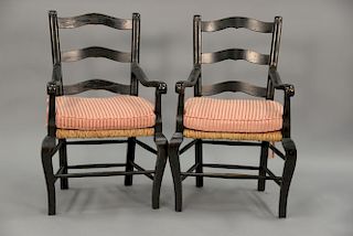 Pair of country rush seat ladderback armchairs.
