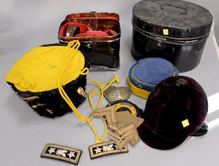 Lot with Warnoch military fur hat in a tin and epillets box.
